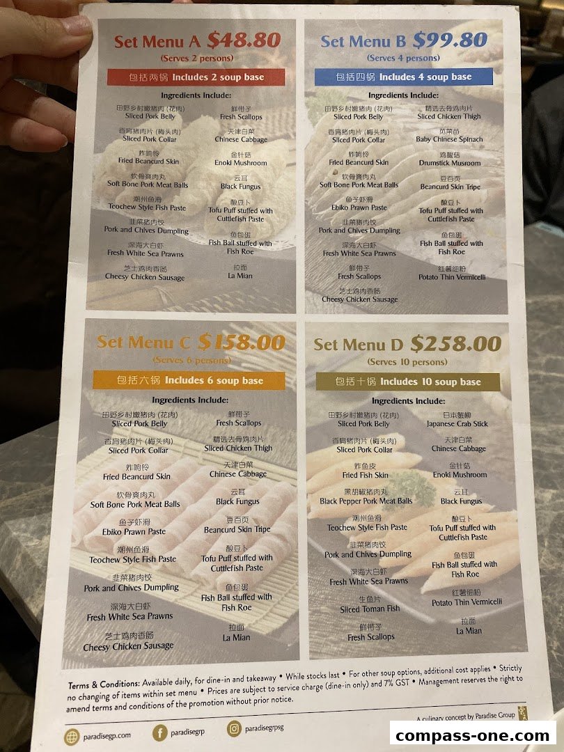 A menu showcasing four set meals for hotpot, with prices and ingredients listed.