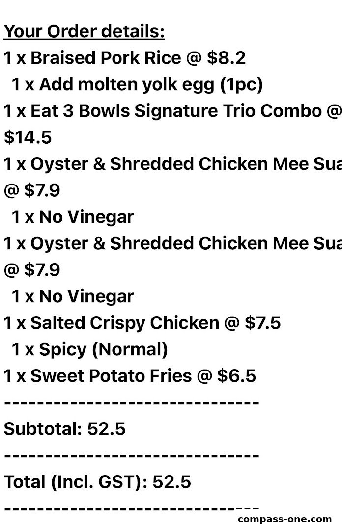 A list of food items and their prices, including a subtotal and total.