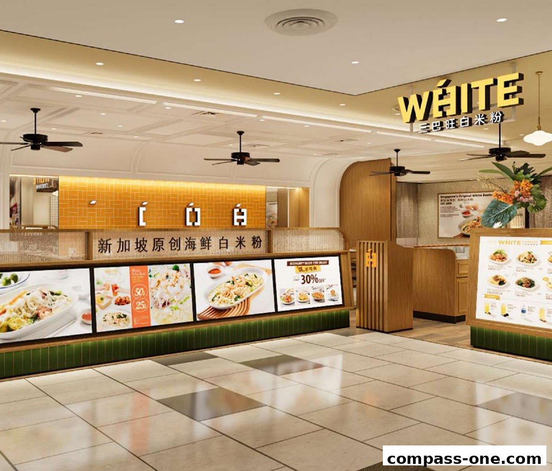 Interior view of White Restaurant, showcasing its modern design and food displays.