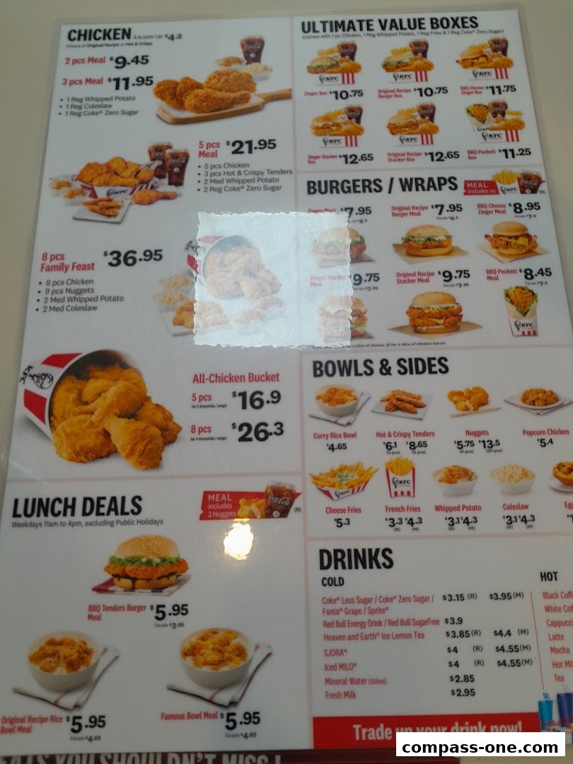 A KFC menu displaying various chicken meals, burgers, bowls, sides, and drinks.