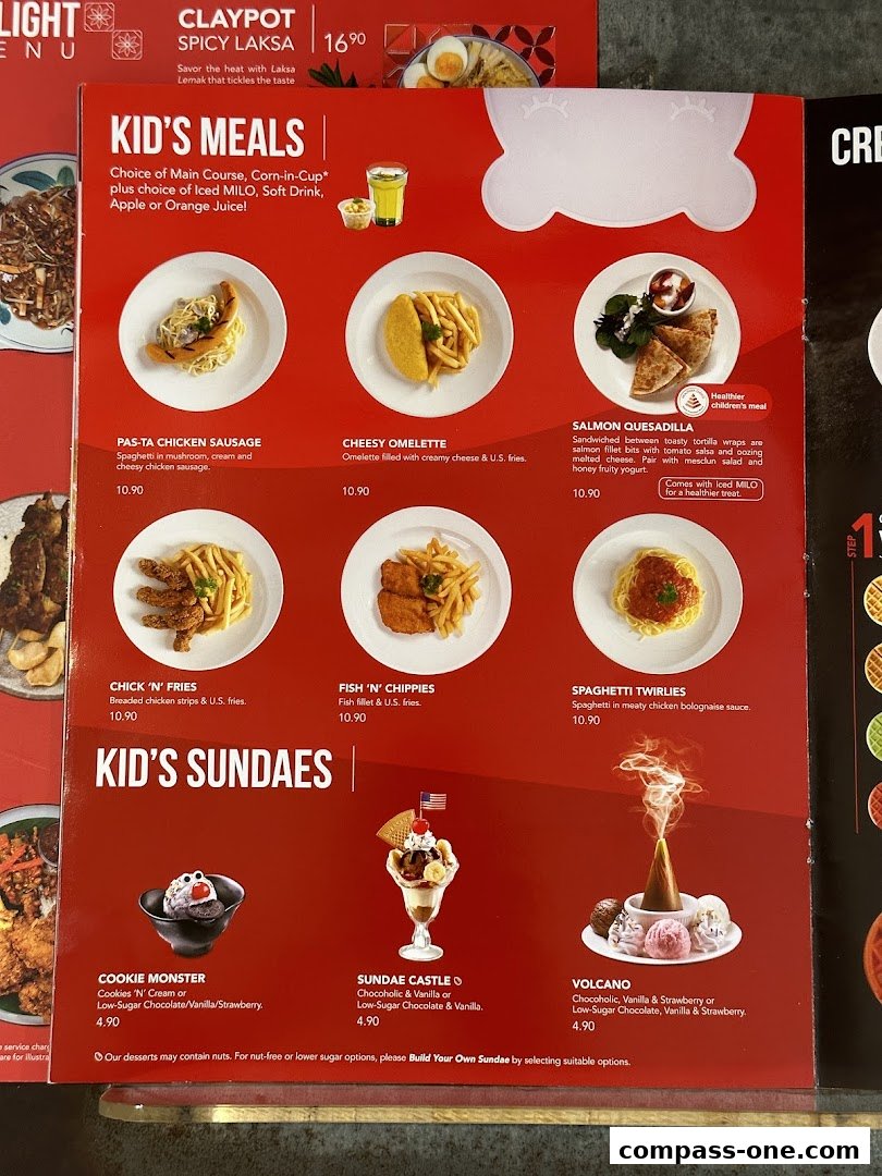A menu featuring kid's meals and sundaes with colorful images and descriptions.