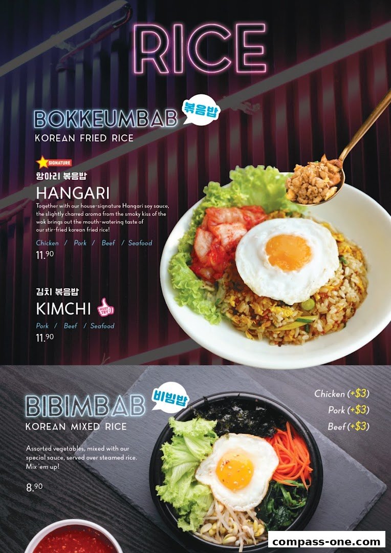 A menu showcasing Korean rice dishes like Bokkeumbab and Bibimbab with enticing descriptions and prices.