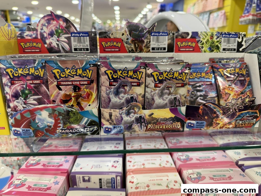 Packs of Pokemon trading cards and other merchandise displayed on shelves in a store.
