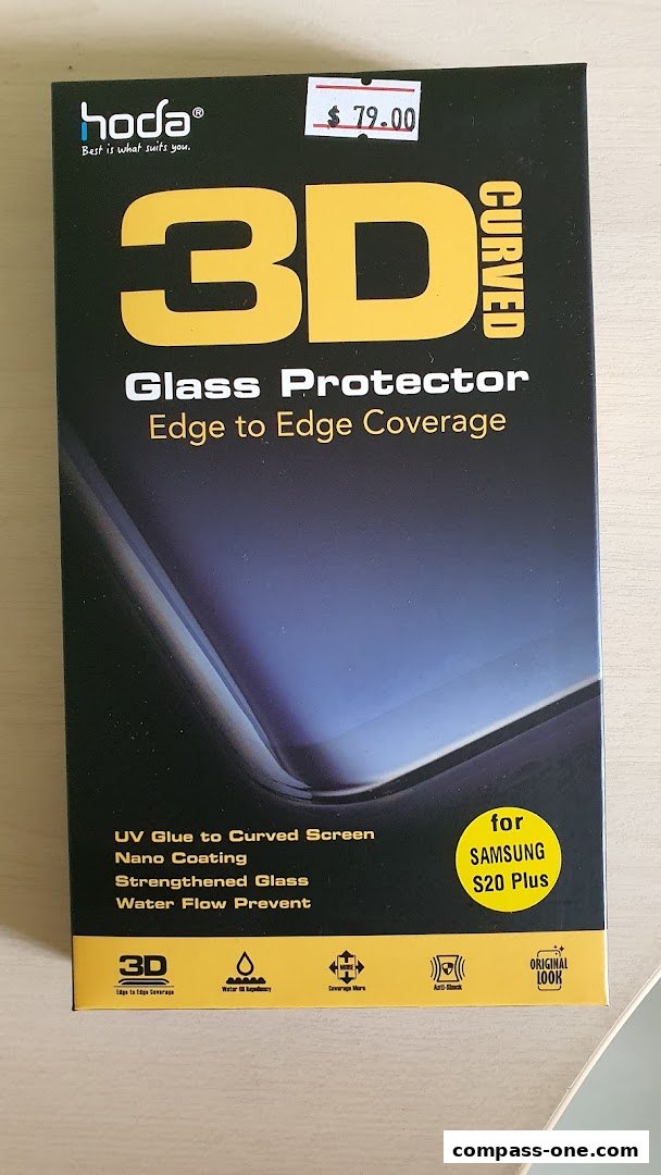 A box for a Hoda 3D Curved Glass Protector for Samsung S20 Plus.