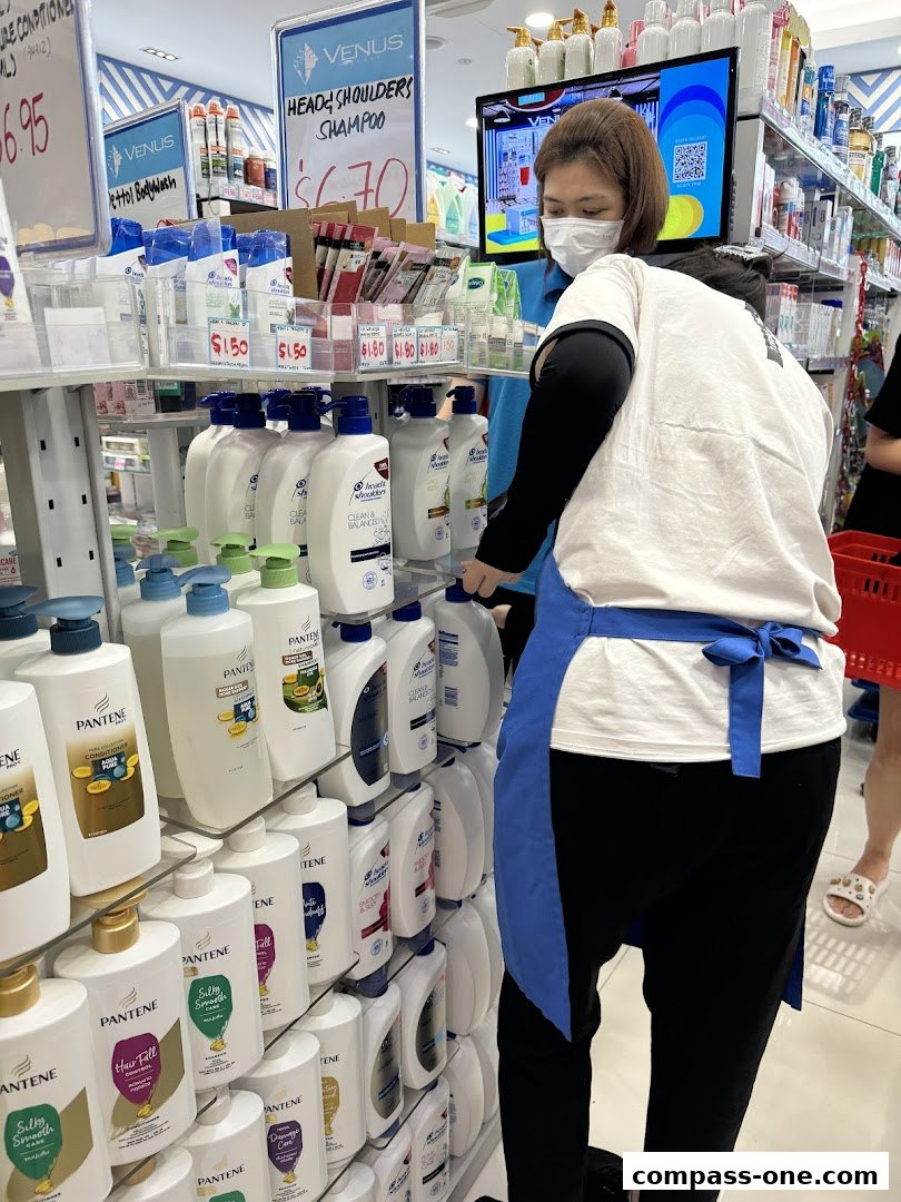 A store aisle filled with various shampoo and conditioner bottles, with staff members present.