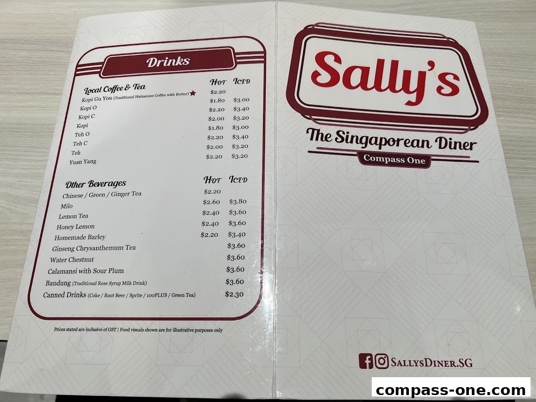 A menu from Sally's The Singaporean Diner, featuring local coffee, tea, and other beverages.