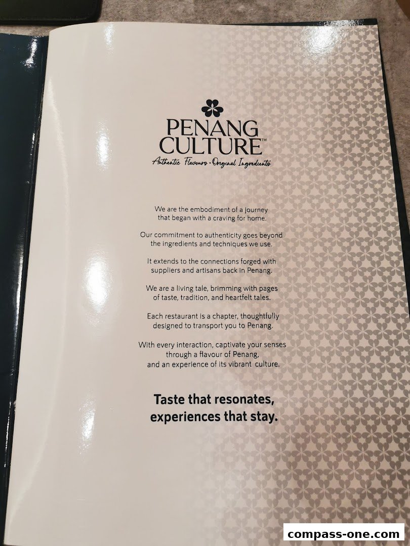 A menu page for Penang Culture restaurant, highlighting its authentic flavors and ingredients.