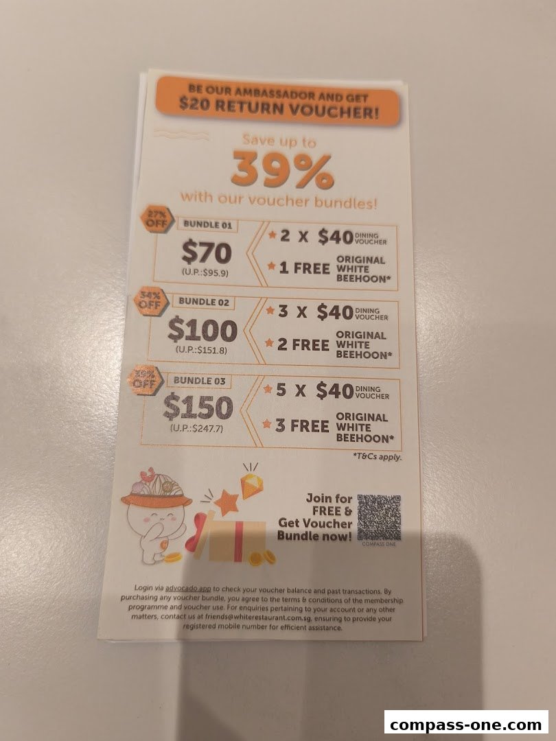 A promotional flyer for White Restaurant offering voucher bundles and a $20 return voucher.