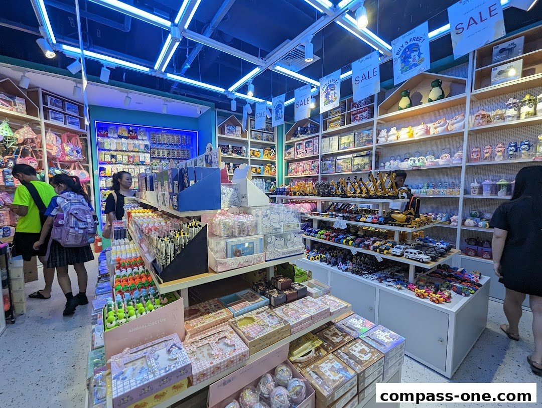 Interior of a brightly lit shop filled with toys, stationery, and novelty items.