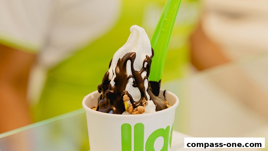 A cup of frozen yogurt topped with chocolate sauce and cookie crumbles.
