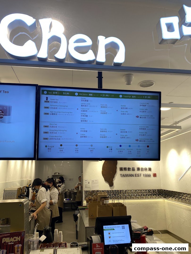 A menu board displays various tea options, toppings, and customization choices at CHICHA San Chen.