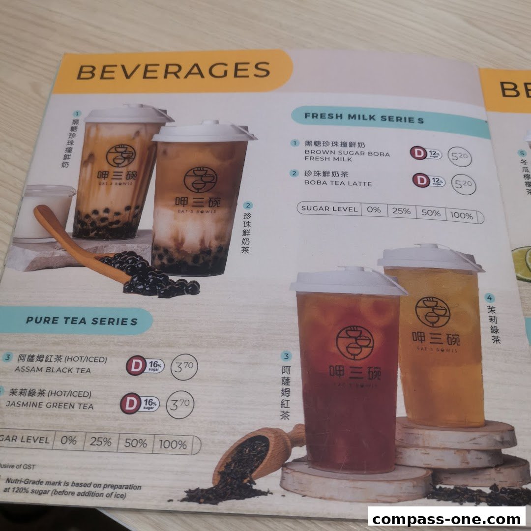 A menu showcasing various beverages from Eat 3 Bowls, including fresh milk and pure tea series.
