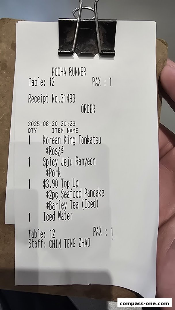 A receipt from POCHA RUNNER showing an order for Korean King Tonkatsu and Spicy Jeju Ramyeon.