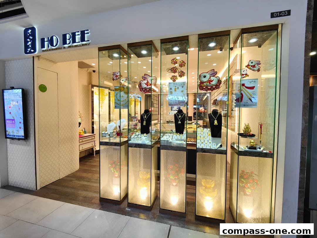 Ho Bee Goldsmith & Jewellery shop front with illuminated display cases showcasing various jewelry items.