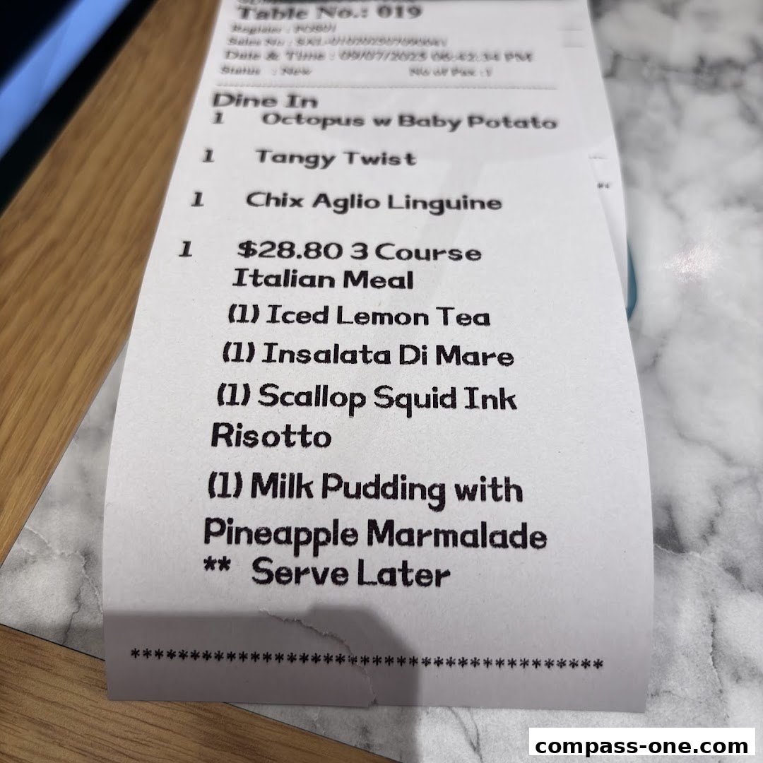 A receipt from Mamma Mia Trattoria E Caffè showing a 3-course Italian meal.