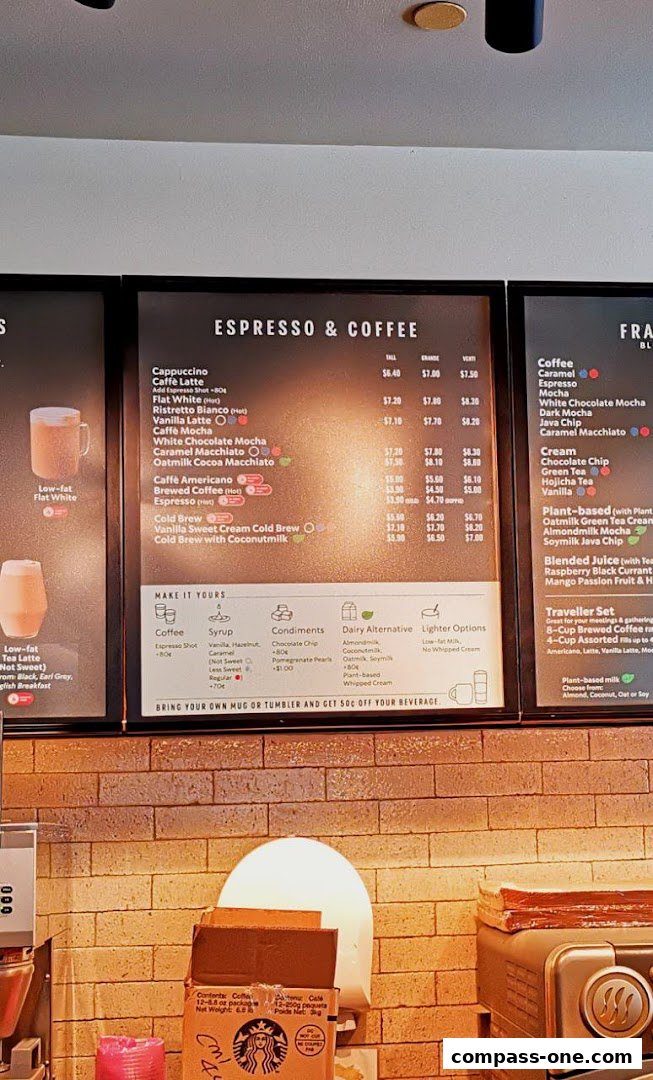 A Starbucks menu board displaying espresso and coffee drinks, with customization options.