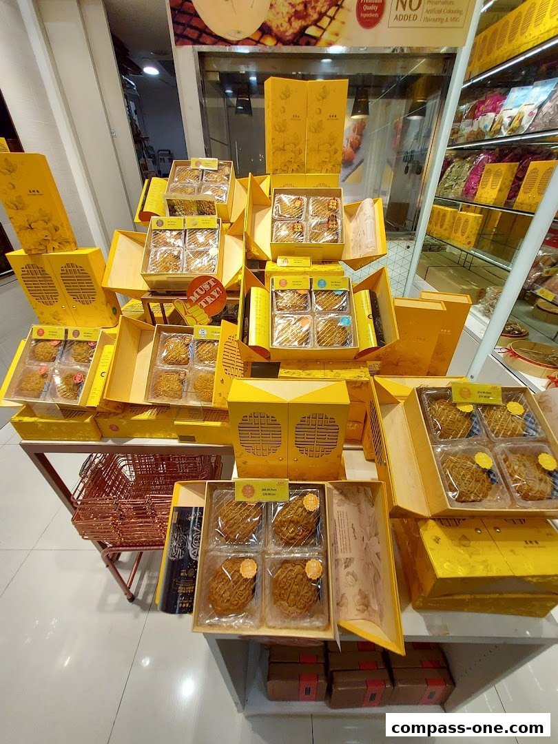 A display of beautifully packaged traditional pastries in yellow boxes, with a 'Must Try!' sign.
