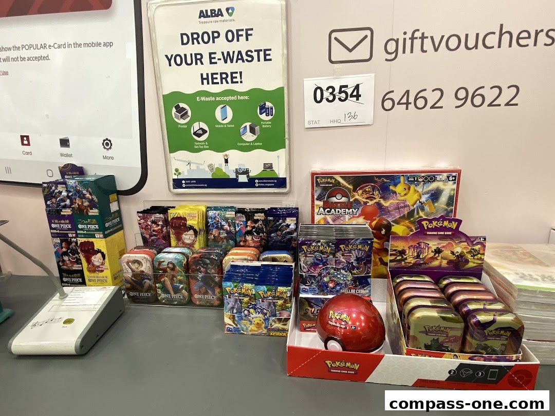 A display of trading card games, including Pokemon and One Piece, with an e-waste drop-off sign.