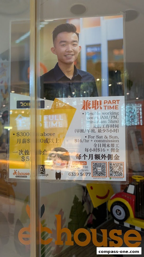 A recruitment poster for EC House featuring job opportunities and contact information.
