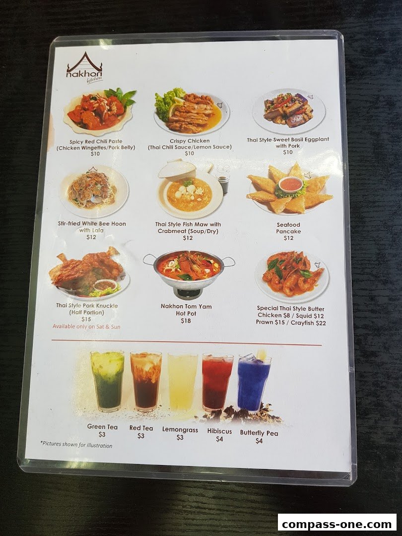 A menu from Nakhon Kitchen featuring various Thai dishes and drinks with prices.