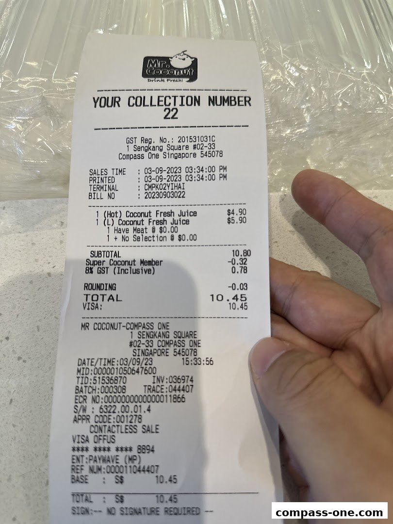 A receipt from Mr. Coconut showing purchased items and total cost.