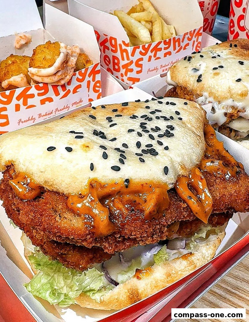 Close-up of a delicious Shiok Burger with crispy chicken, sauce, and sesame seeds, served with fries and tater tots.