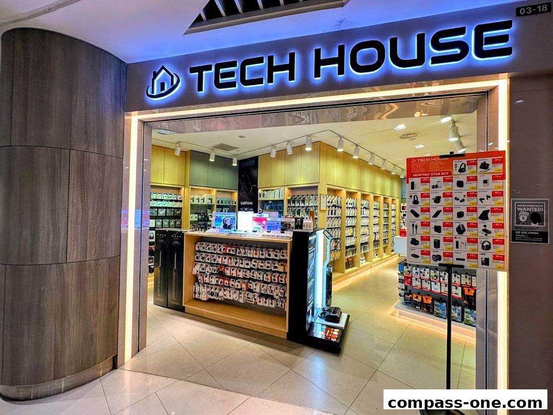 The entrance of Tech House, a store filled with electronic accessories and gadgets.