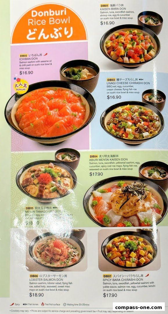 A menu showcasing various Donburi Rice Bowls with fresh ingredients and vibrant presentations.