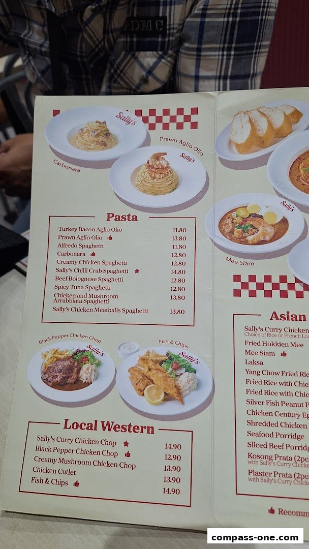 A menu from Sally's restaurant featuring pasta, local western, and Asian dishes with prices.