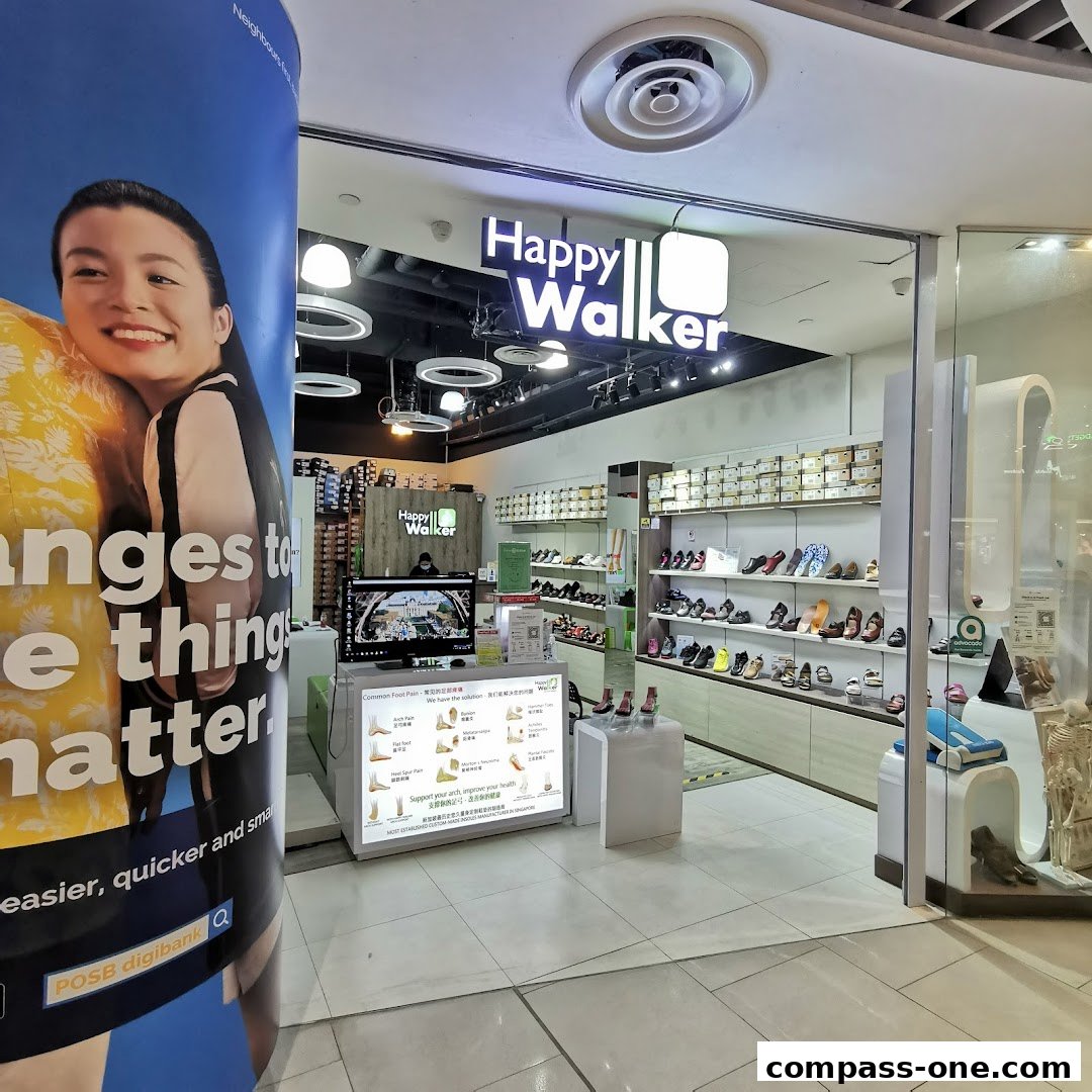 The entrance of Happy Walker shoe store, showcasing a variety of footwear and a promotional display.