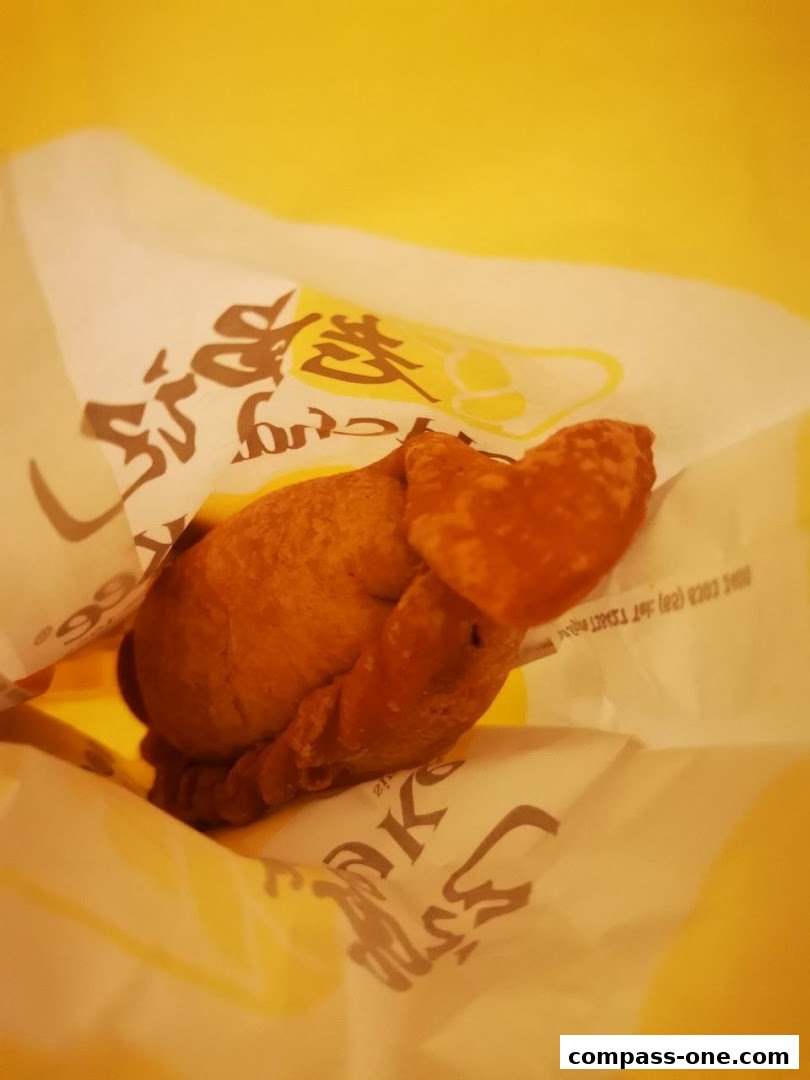 A close-up of a crispy fried snack in a branded paper bag.