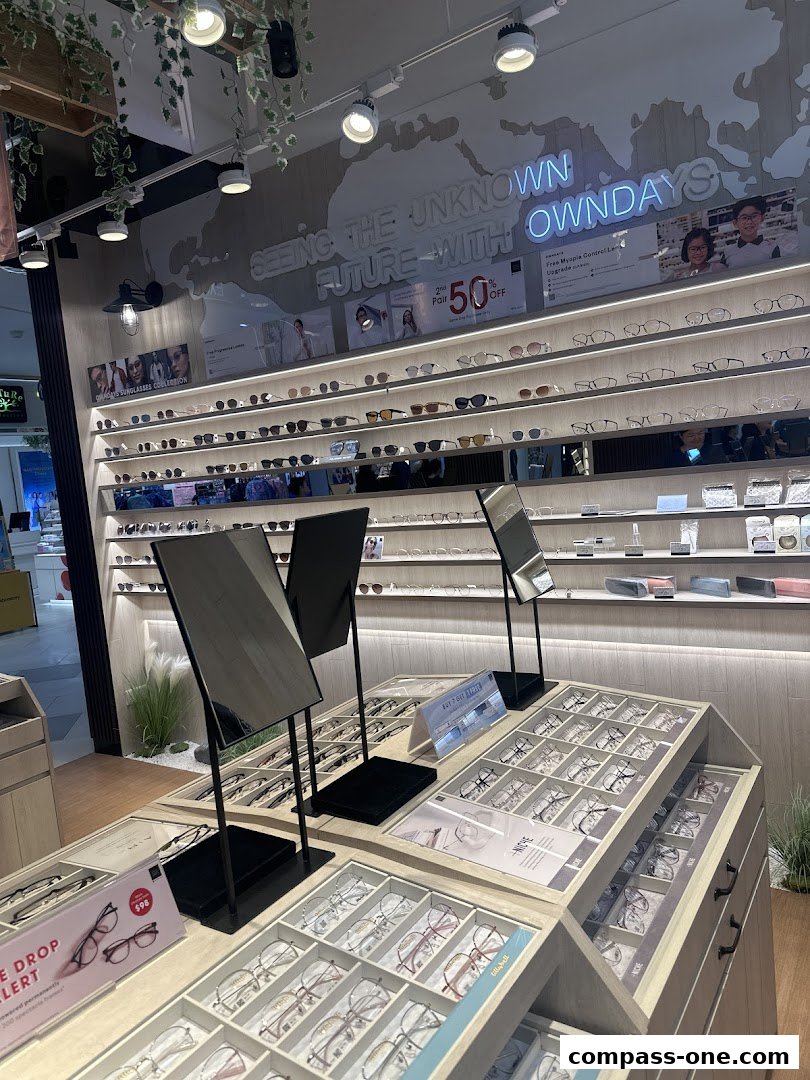 Interior of an eyeglasses store showcasing a wide selection of frames on display.
