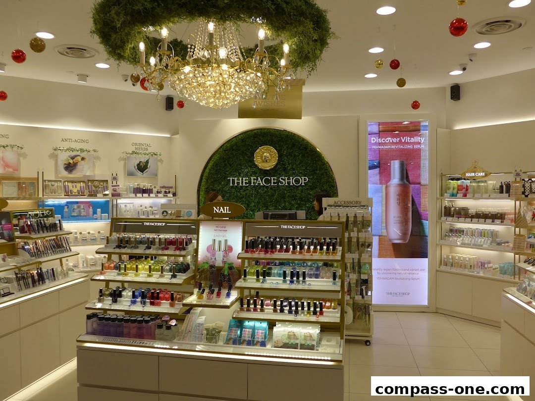 Interior view of a well-lit beauty store showcasing various skincare and makeup products.