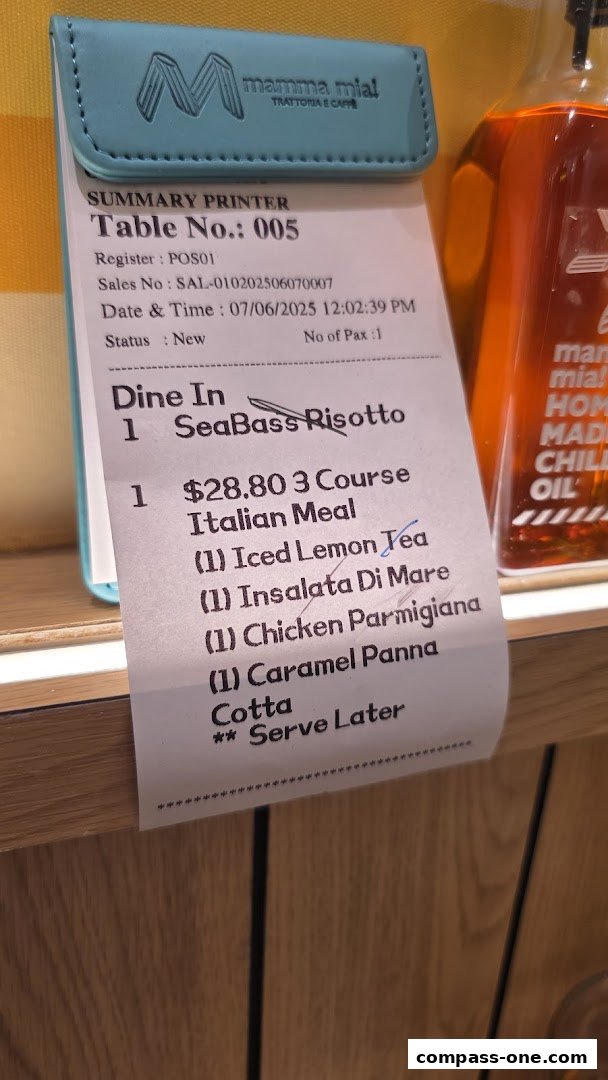 A receipt from Mamma Mia Trattoria E Caffè showing a 3-course Italian meal.