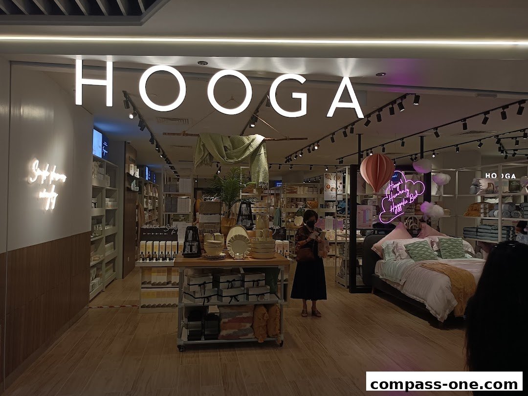 The entrance of HOOGA store, showcasing home decor and bedding items.
