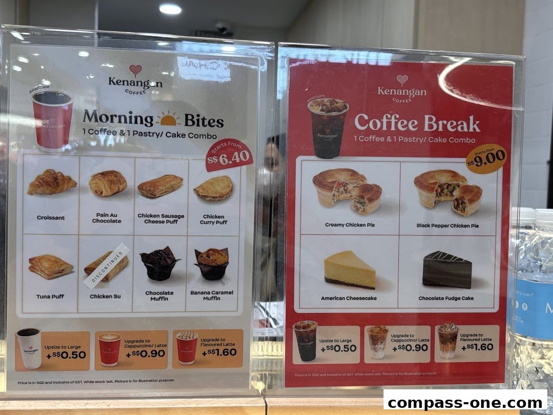 Two menu boards from Kenangan Coffee showcasing coffee and pastry combos.