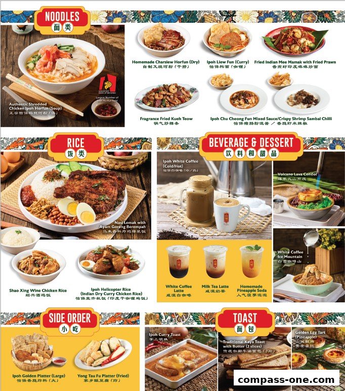 A vibrant menu showcasing a variety of Ipoh delicacies including noodles, rice dishes, beverages, side orders, and toast.