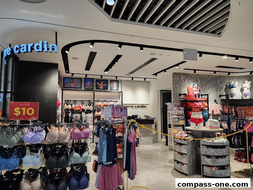 Interior view of a Pierre Cardin Lingerie store showcasing various bras and apparel.
