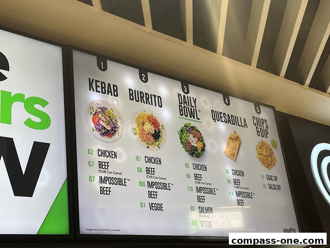 A brightly lit menu board displaying various food items like kebabs, burritos, bowls, quesadillas, and chips with dips.