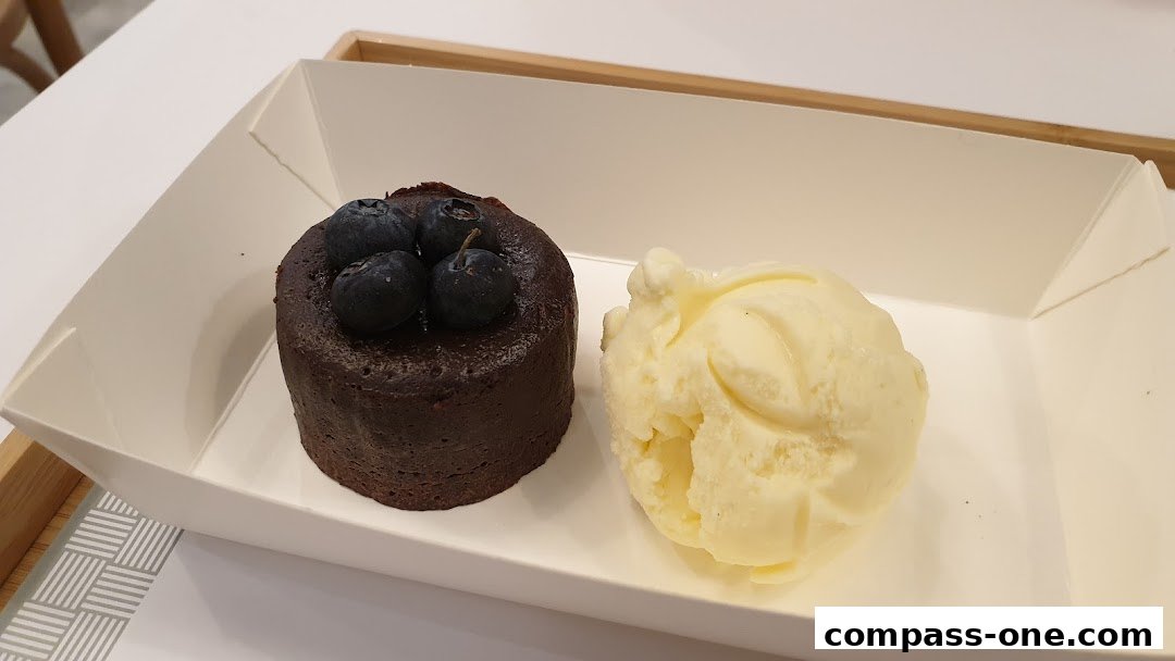 A chocolate lava cake topped with blueberries served with a scoop of vanilla ice cream.
