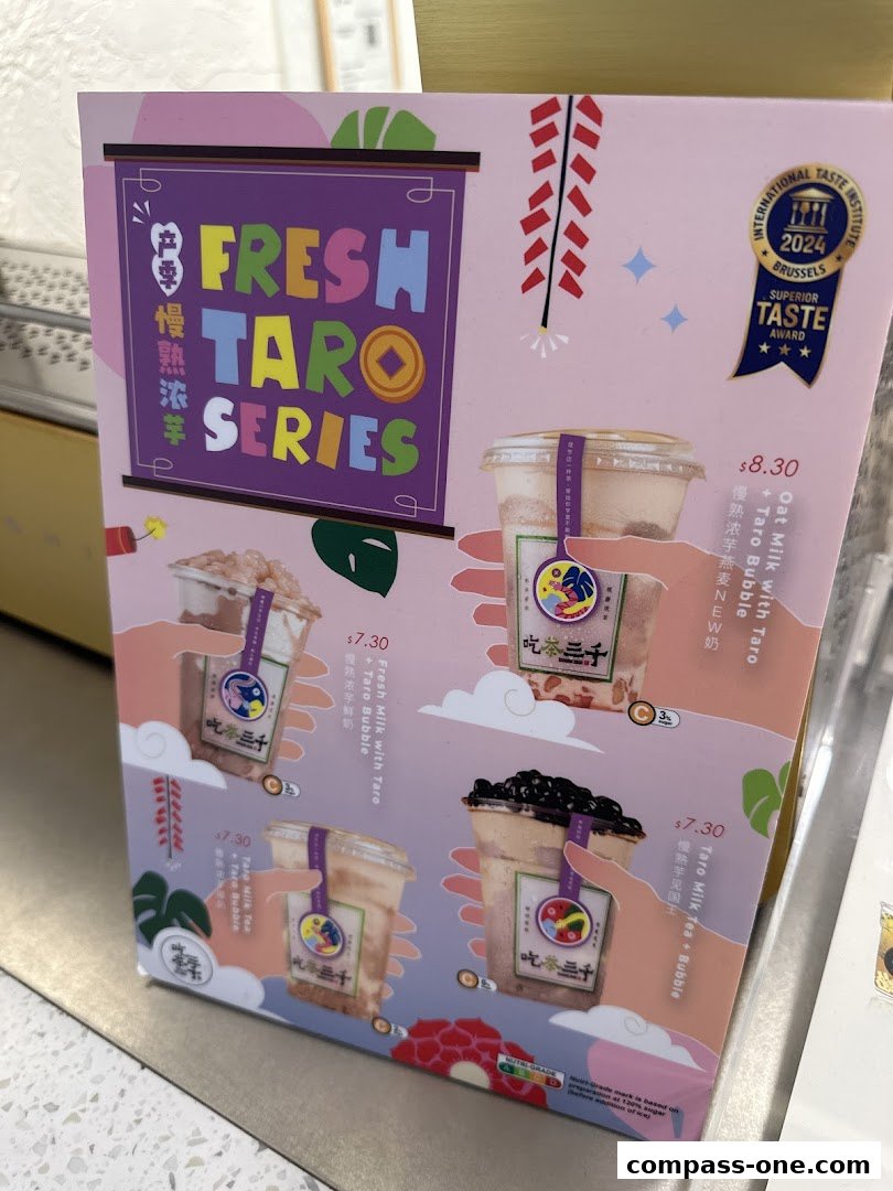 A menu board showcasing the 'Fresh Taro Series' with various taro-based drinks and their prices.