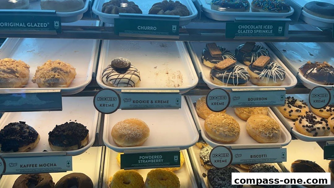 A display case filled with various types of donuts, including glazed, sprinkled, and cookie-themed varieties.