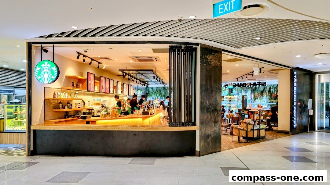 The exterior of a Starbucks coffee shop with customers inside and staff behind the counter.