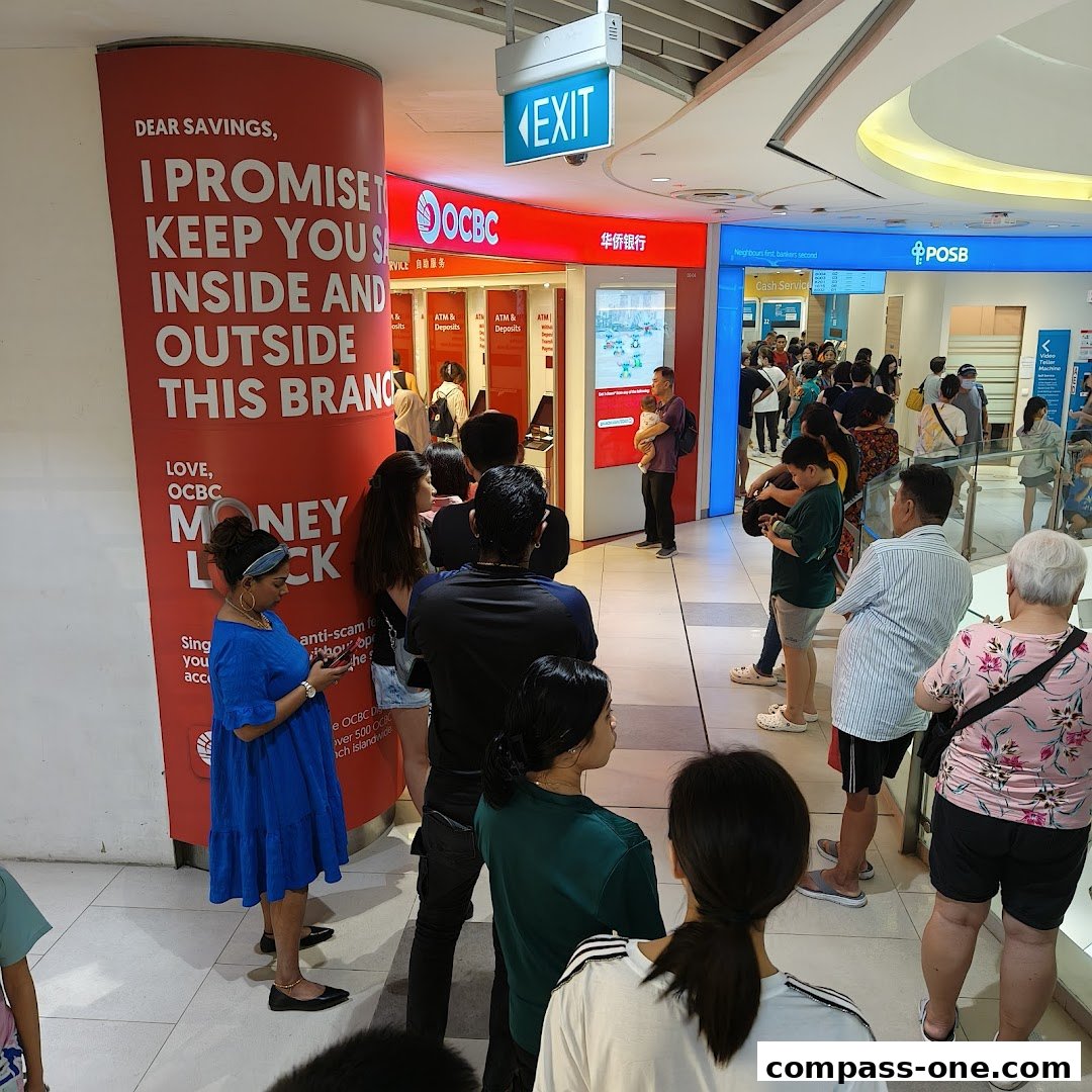 People queuing at OCBC and POSB bank branches with ATMs and cash services.