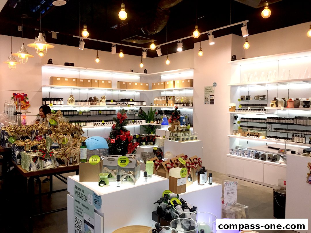 Interior view of The Smell Lab shop showcasing various aromatherapy products and gift sets.