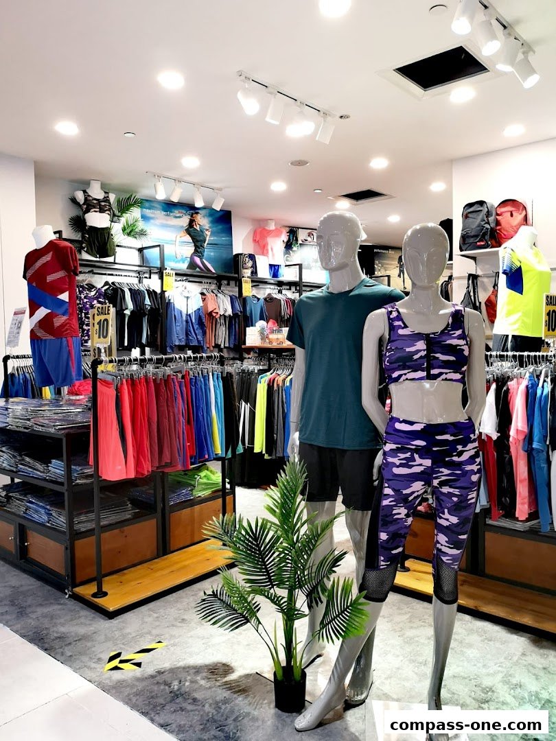 Mannequins display athletic wear in a brightly lit retail store with racks of clothing.