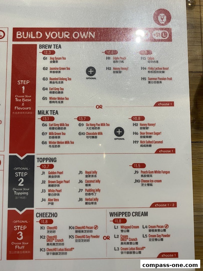 A menu for LiHO TEA's 'Build Your Own' drink options, featuring teas, milk teas, toppings, and cream.