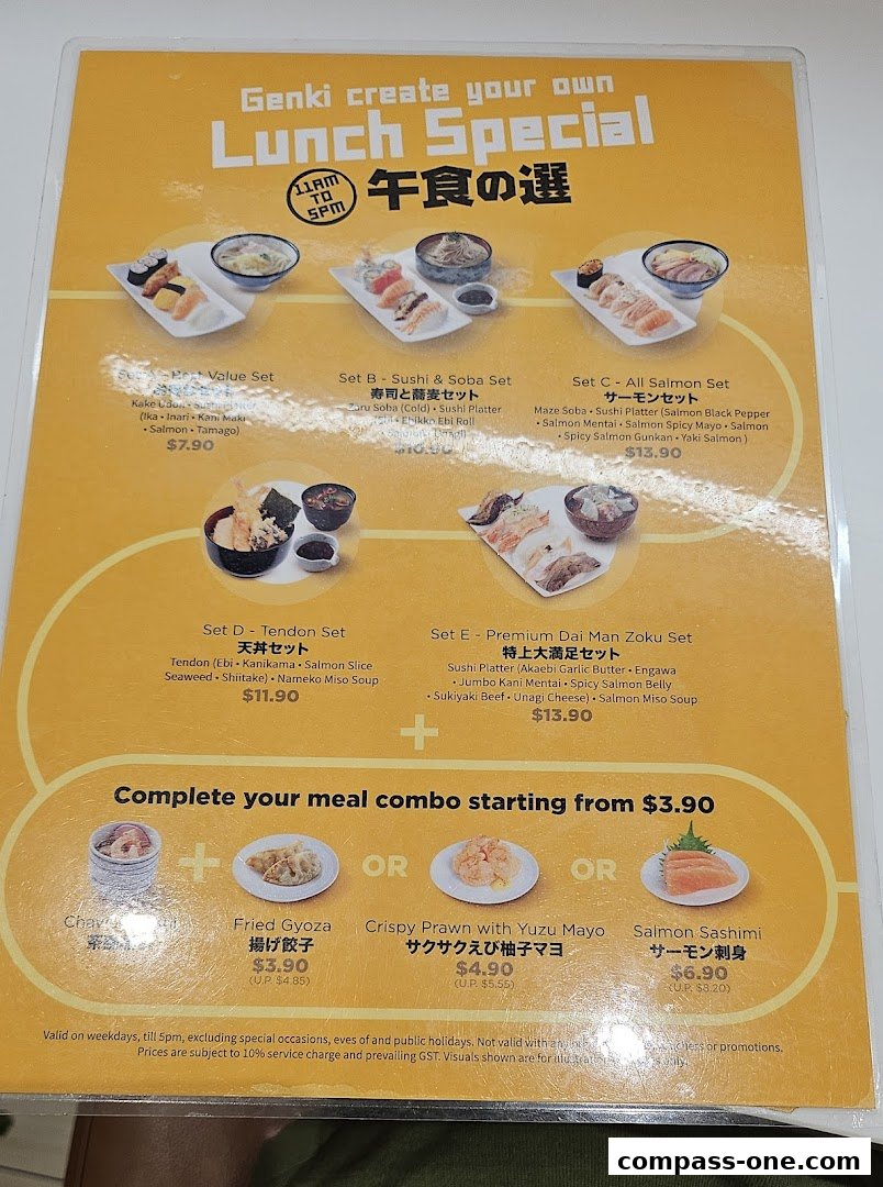A menu for Genki Sushi's create-your-own lunch special, featuring various sushi and side dish sets.