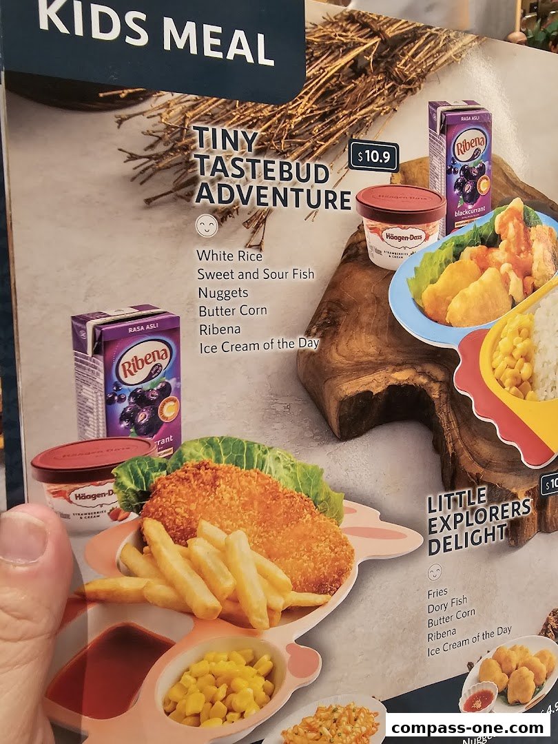 A menu showcasing two kids' meal options with food items and drinks.
