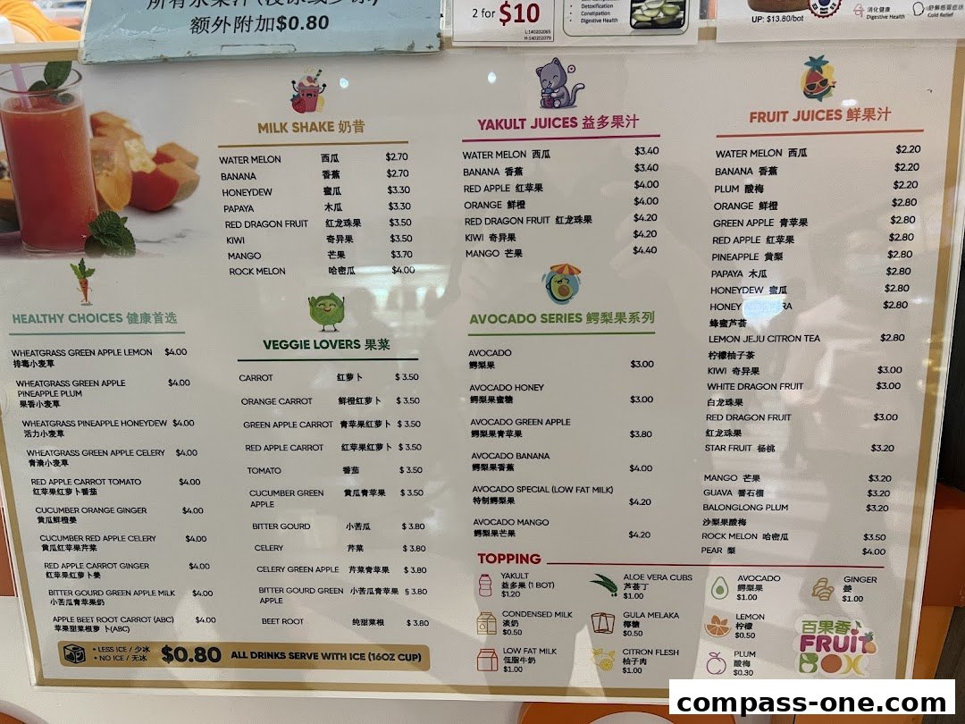 A menu board displaying various fruit juices, milkshakes, and healthy options with prices.